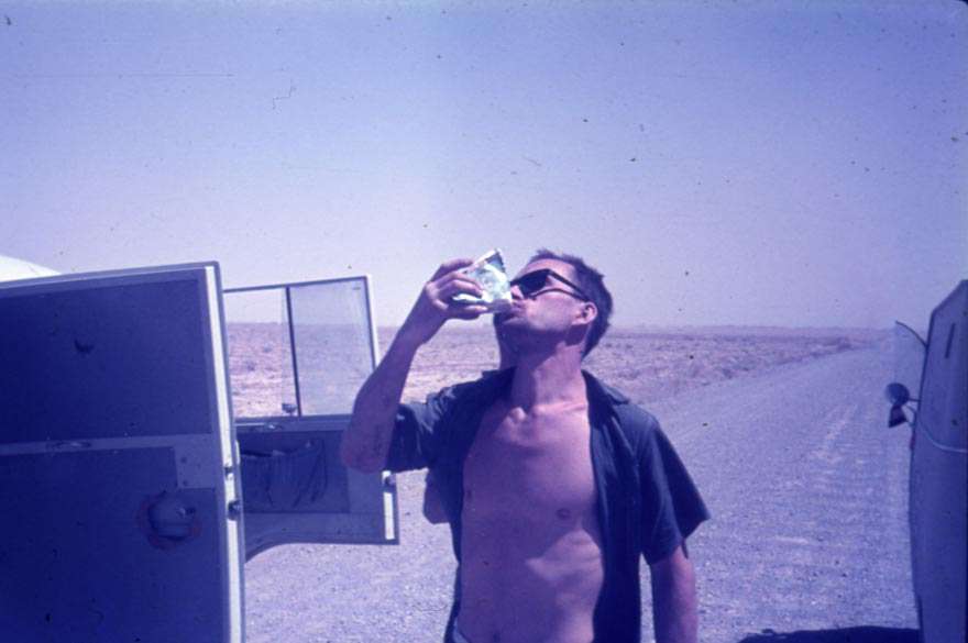 Stane Belak-Šrauf, a member of the Yugoslav expedition to Hindukush, drinking Alpine milk (a Slovene product), on the way to Hindukush in Afganistan – the first Slovenes on the way of Marco Polo, 1968. Photo: Aleš Kunaver, original diapositive kept by the National Museum of Contemporary History, Ljubljana, Slovenia.
