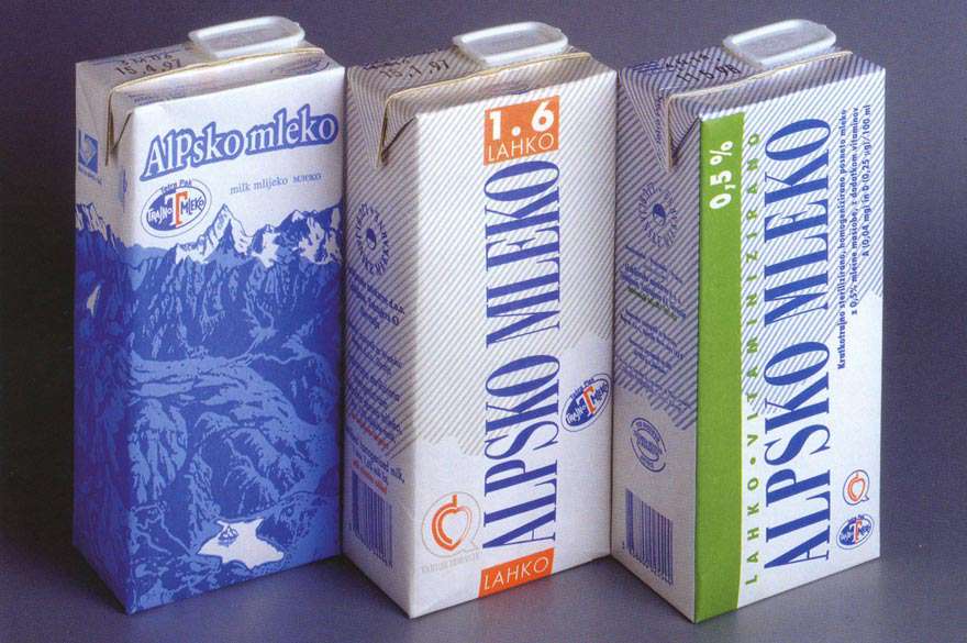 Alpsko Mleko 3,5%, 1,6%, 0,5% in Tetra Pak® Brick packaging, 1997 Photo: courtesy of Ljubljankse mlekarne