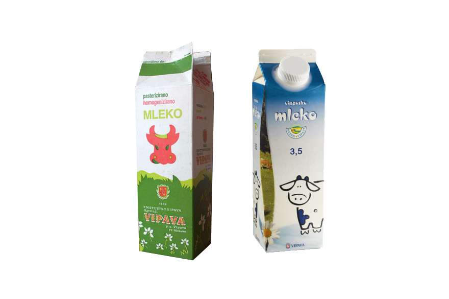 Mleko 3,2% (P-H), Mlekarna Vipava, 1992 (Ljubljana City Museum), Vipavsko Mleko 3,5% (P-H), pre-2013 – in 2013 Vipava 1894 sold its milk-production unit to a italo-slovenian joint-venture, Elokat, now is solely dedicated to the production of Mozzarela cheese.
