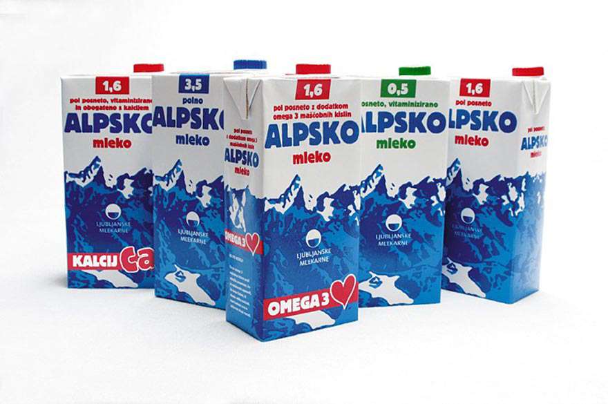 Alpsko Mleko 3,5%, 1,6%, 0,5%, 1,6% +Ca, 1,6% + Omega 3 in Tetra Pak® Brick packaging, 2004 Photo: courtesy of Ljubljankse mlekarne